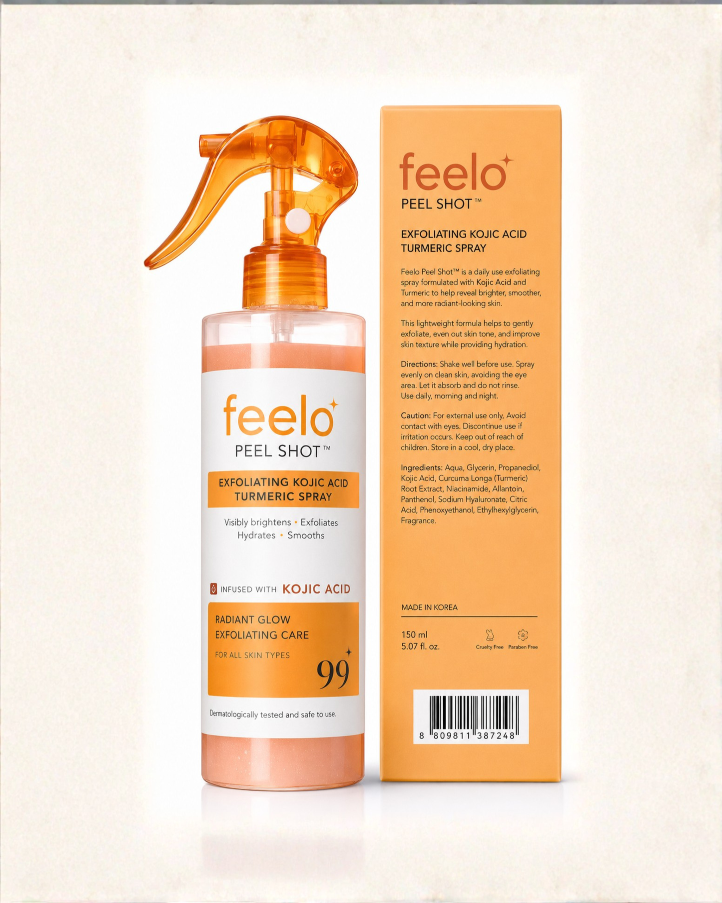 Feelo Advanced Kojic Acid & Turmeric Brightening Peel Shot Spray for Smooth
