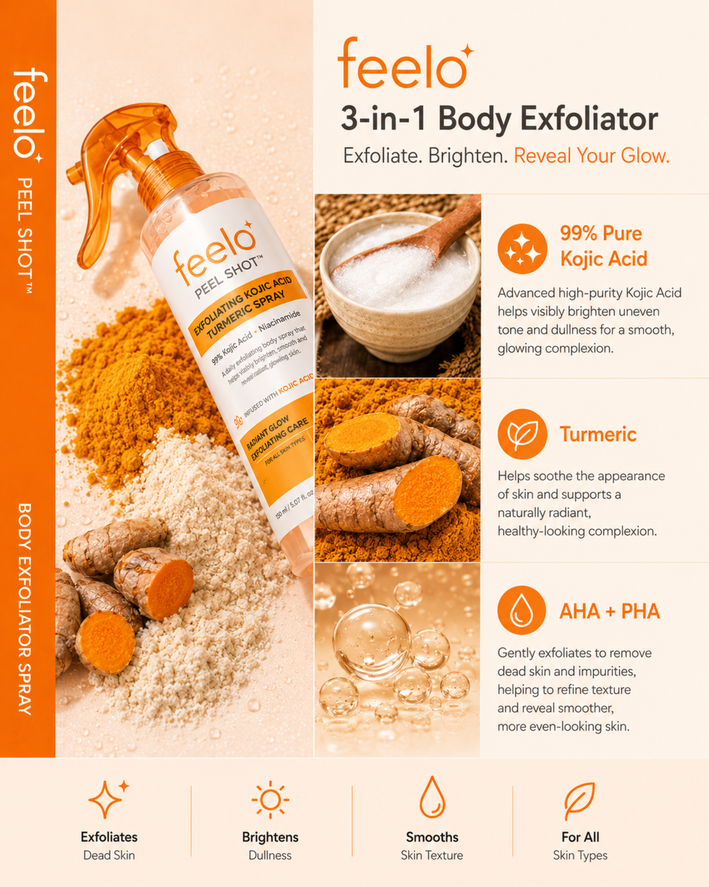 Feelo Advanced Kojic Acid & Turmeric Brightening Peel Shot Spray for Smooth