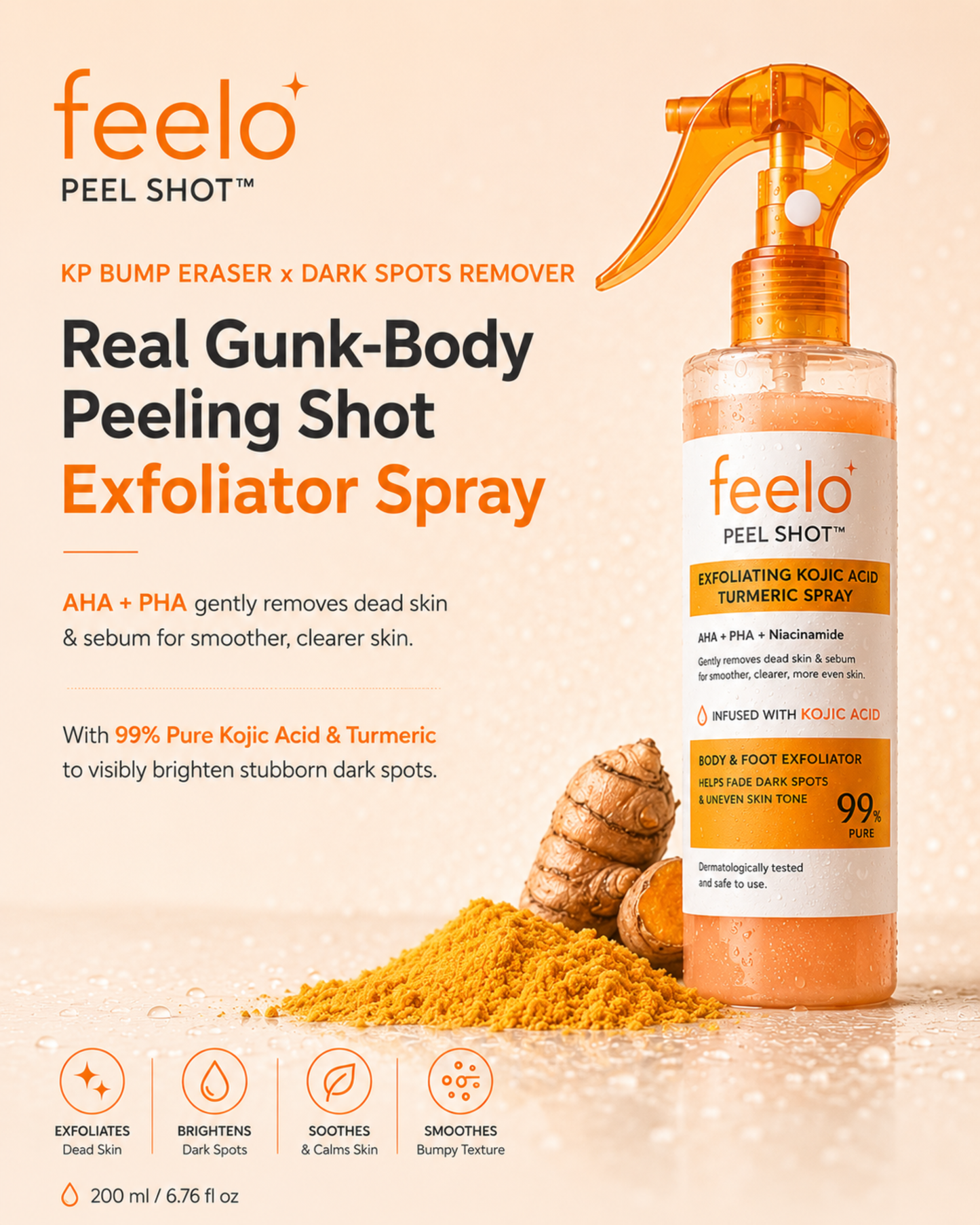 Feelo Advanced Kojic Acid & Turmeric Brightening Peel Shot Spray for Smooth